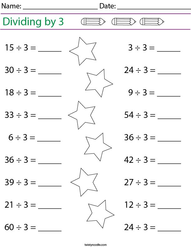 Dividing by 3 Math Worksheet Twisty Noodle